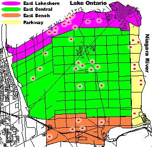 Figure 2. Locations of Niagara area sample vineyards in the 4 sample areas located east of the Welland Canal (Niagara-on-the-Lake, St. David s, Virgil & Queenston areas).