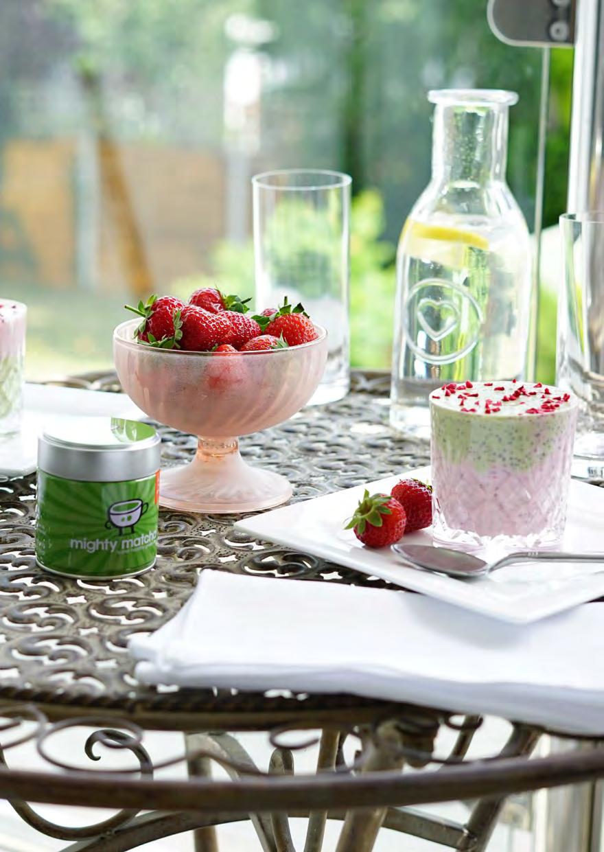 Matcha Chia Pudding Serves 4 Vegan 1 cup coconut milk 1 cup plain Greek yogurt 2 tbsp. maple syrup ½ cup raspberries, plus extra for topping 2 tsp. Mighty Matcha Green Tea Powder ¼ cup chia seeds 1.