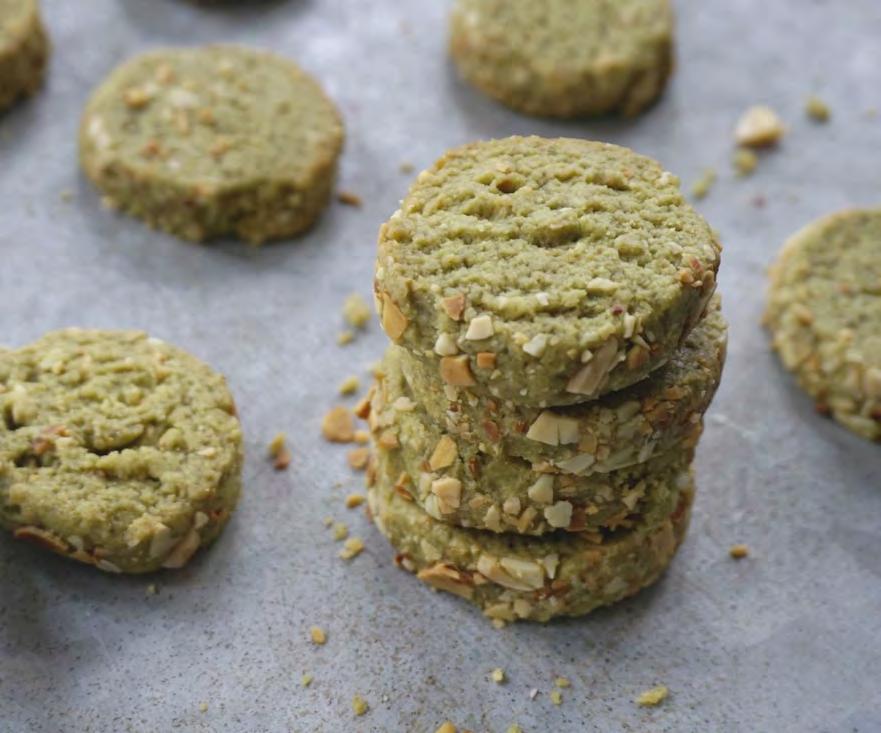 Matcha Almond Shortbread Cookies Makes 12 Cookies 100g unsalted butter, at room temperature 6 tbsp xylitol 1 egg yolk, at room temperature ¾ cup flour ½ tsp salt 6 tbsp ground almonds 3 tsp Mighty