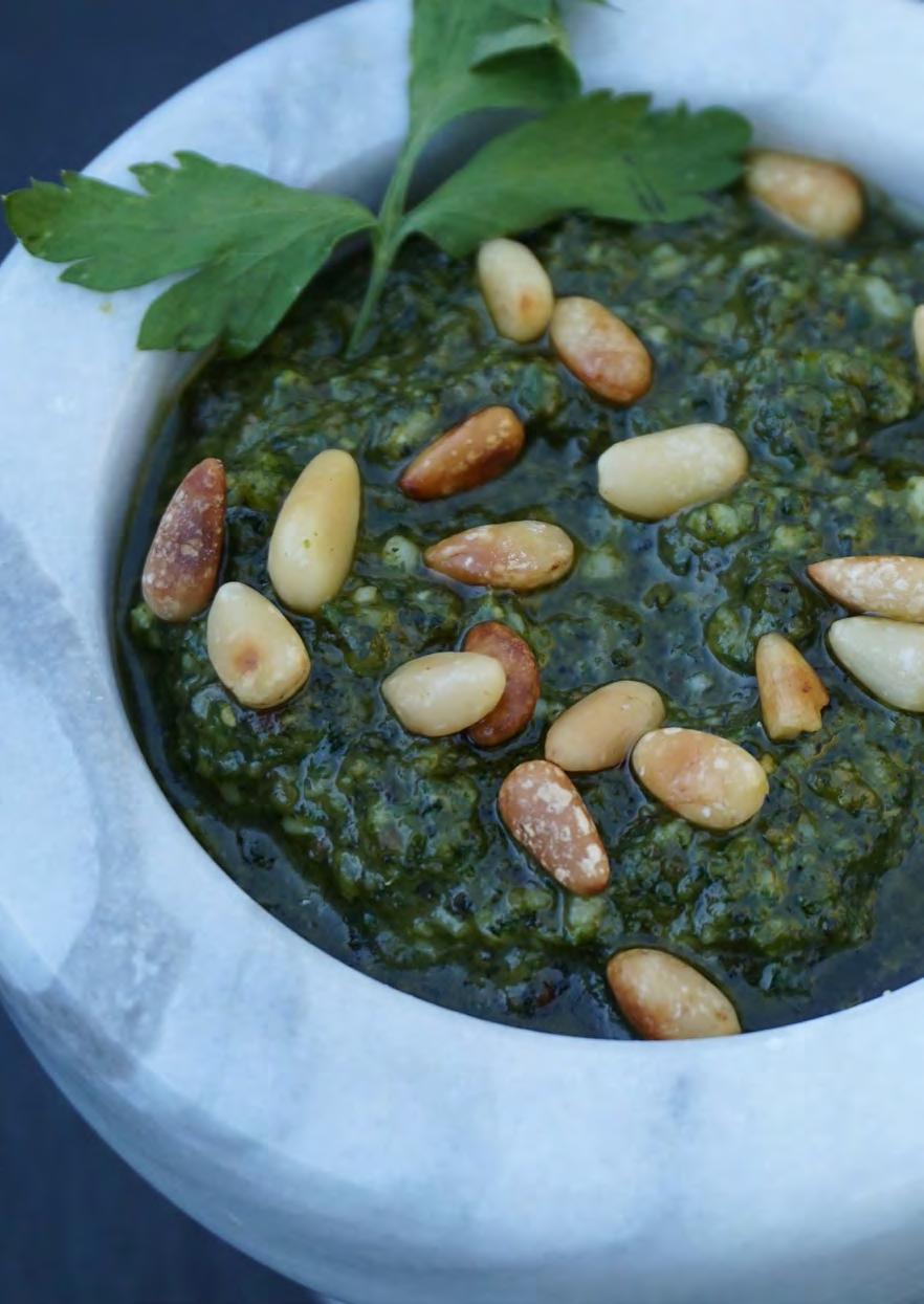 Mighty Matcha Pesto Serves 4 Refined Sugar Free 1 ½ tsp Mighty Matcha Green Tea Powder 1 cup mint leaves ½ cup basil leaves ½ cup parsley leaves 1 clove garlic, finely chopped ¾ cup toasted pine nuts