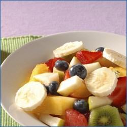 R a i n b o w F r u i t S a l a d Fruit Salad: 1 large mango, peeled and diced 2 C fresh blueberries 2 bananas, sliced 2 C fresh strawberries, halved 2 C seedless grapes 2 nectarines, unpeeled and