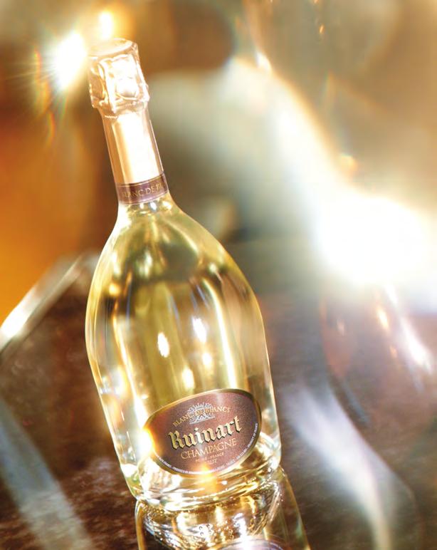RUINART BLANC DE BLANCS With its delicate use of Chardonnay grapes, beautifully balanced taste and luminous golden colour, the Blanc de Blancs elegantly captures the delightful Ruinart spirit.