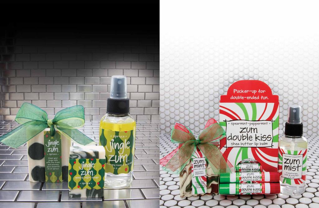 SPRUCE UP YOUR JINGLE BELLS. DOUBLE YOUR TINGLE WITH ZUM MINT. Jingle Zum brings wintry-fresh sprigs of spruce to your customers for some coniferous northern exposure to the home and body.