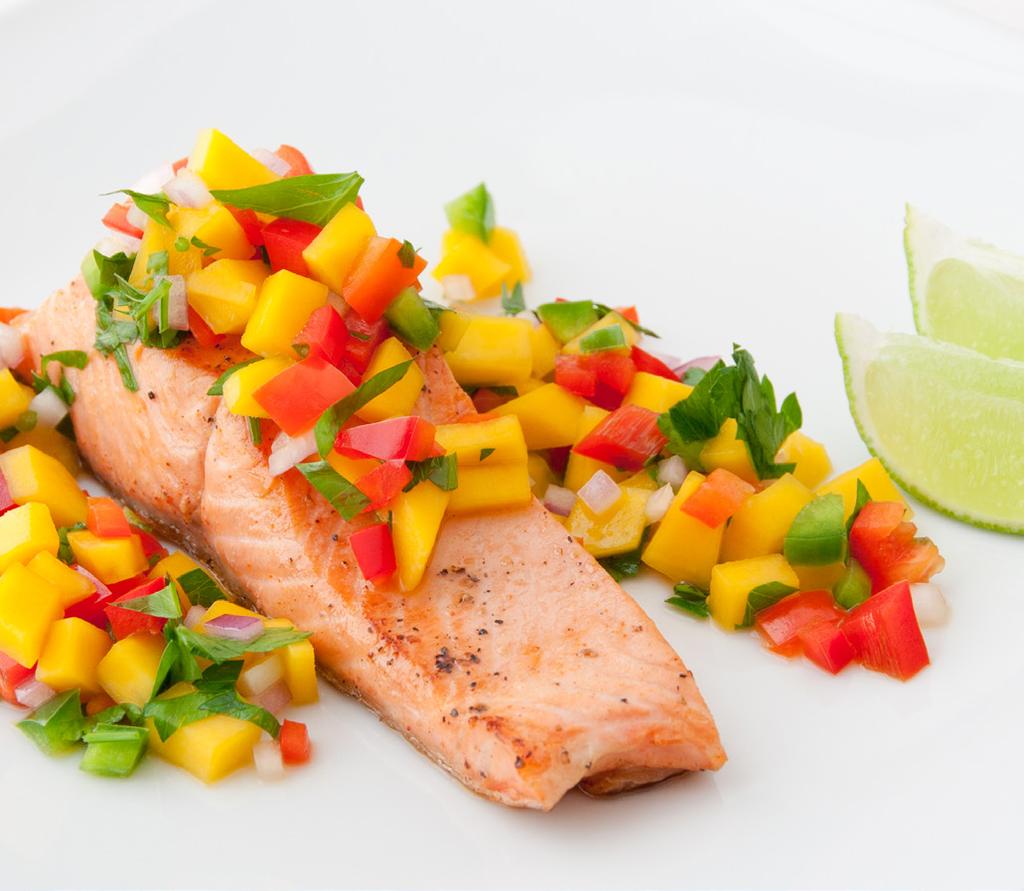 Oven-Roasted Salmon with MANGO-LIME SALSA Serves 2 All you need: Salsa* diced mango (about fresh mango; if frozen, thaw in microwave) diced red onion ¼ fresh jalapeno pepper, finely diced Juice of ½