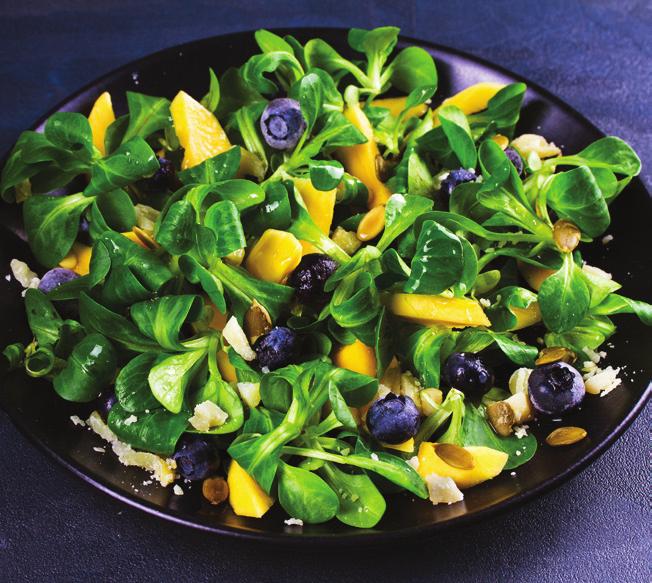 Sunshine Salad Servings: 6 Serving size: 1 cup 1 bunch or 1 6-ounce bag fresh baby spinach, washed 1 head Romaine lettuce, washed and chopped 1 cup fresh berries, washed, such as blueberries,