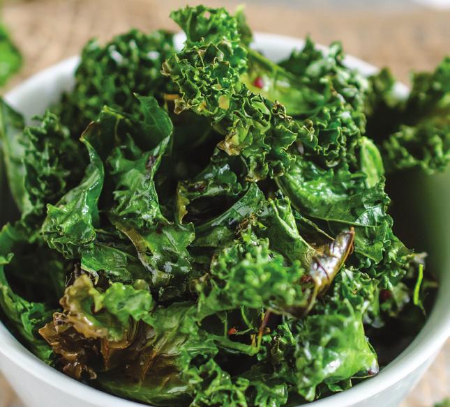Crunchy Kale Chips Serving size: 1 cup 1 bunch or 1 8-ounce bag of fresh kale, washed and dried thoroughly Cooking oil spray Salt to taste 1. Wash fresh kale. 2. Preheat oven to 30