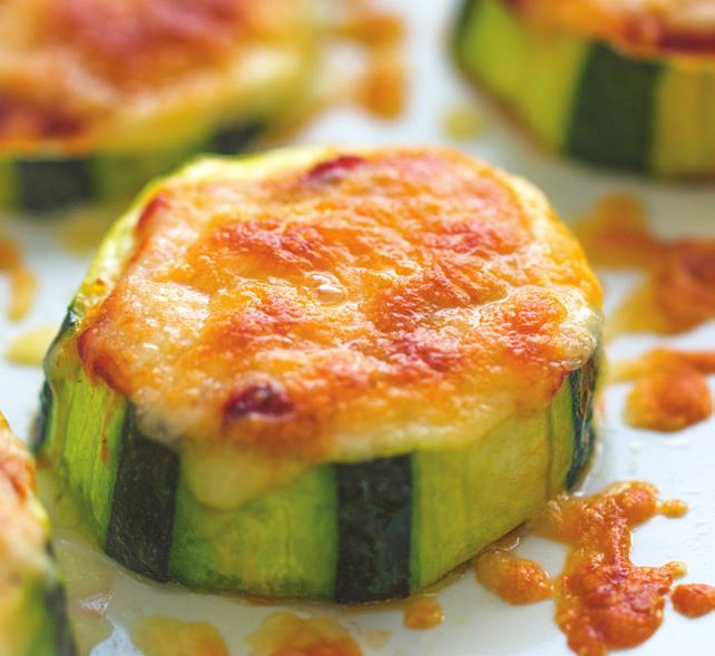 Zucchini Pizza Bites Serving size: 2-3 rounds 1 large zucchini, washed and sliced in ¼ inch thick circles Cooking oil spray 1 teaspoon Italian seasoning ½ cup pizza sauce ½ cup part skim mozzarella