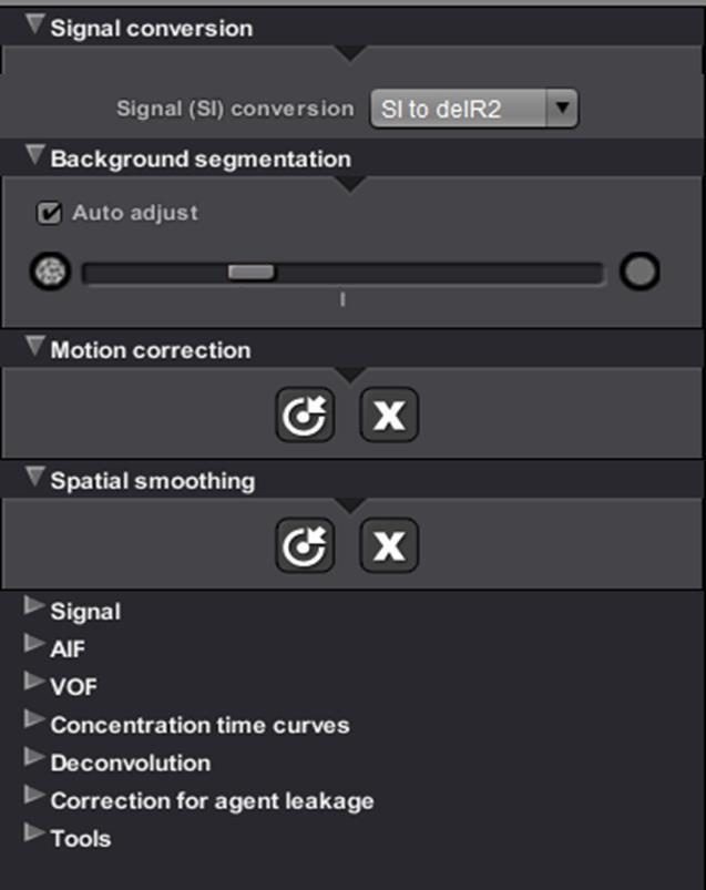 Olea Head and Neck DCE - Permeability Options Signal Conversion- Drop down menu for additional options. Background segmentation- Applied by default- can be manually adjusted with the slider bar.