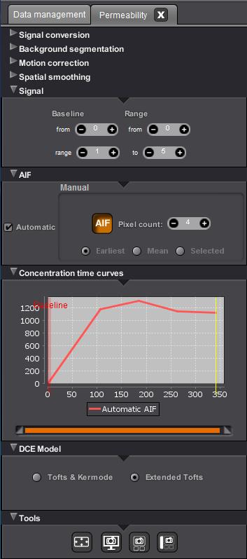 Olea Head and Neck DCE - Permeability Options Signal-Adjust the Baseline and Range on the Concentration time curve. You can exclude time points using range.