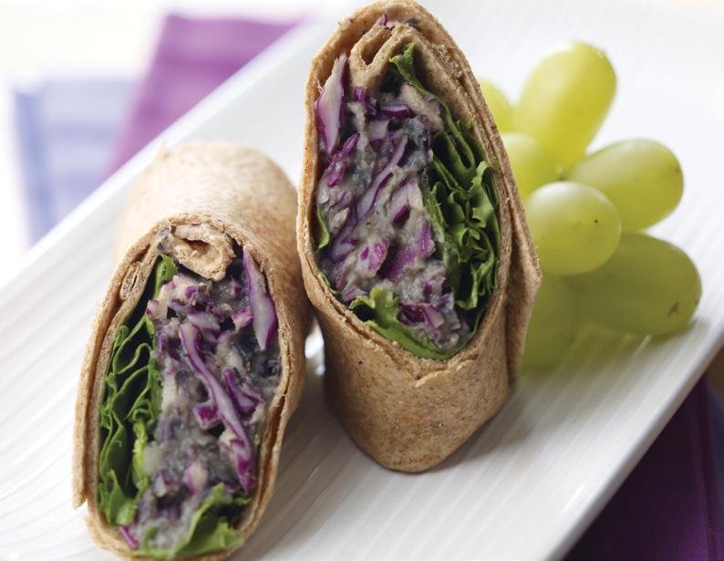 Dry Beans and Peas Rolled up in a whole-wheat tortilla are avocado, white beans, lettuce,