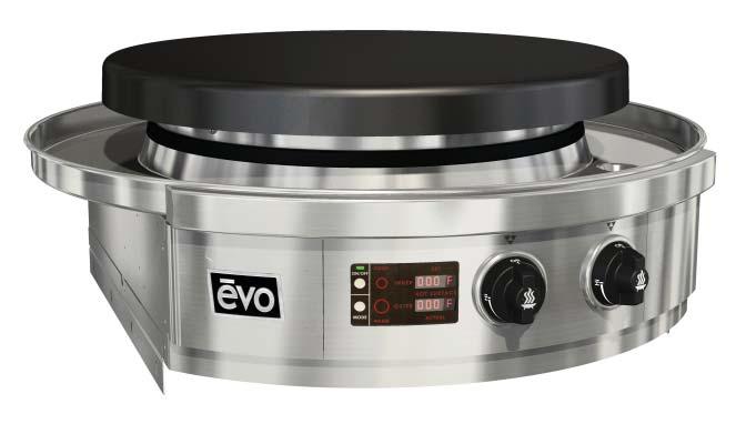 It features a 25" diameter black seasoned cooking surface with an independently-controlled heater providing two circular heat zones. Temperatures are variable from 150 F to 525 F (66 C to 274 C).