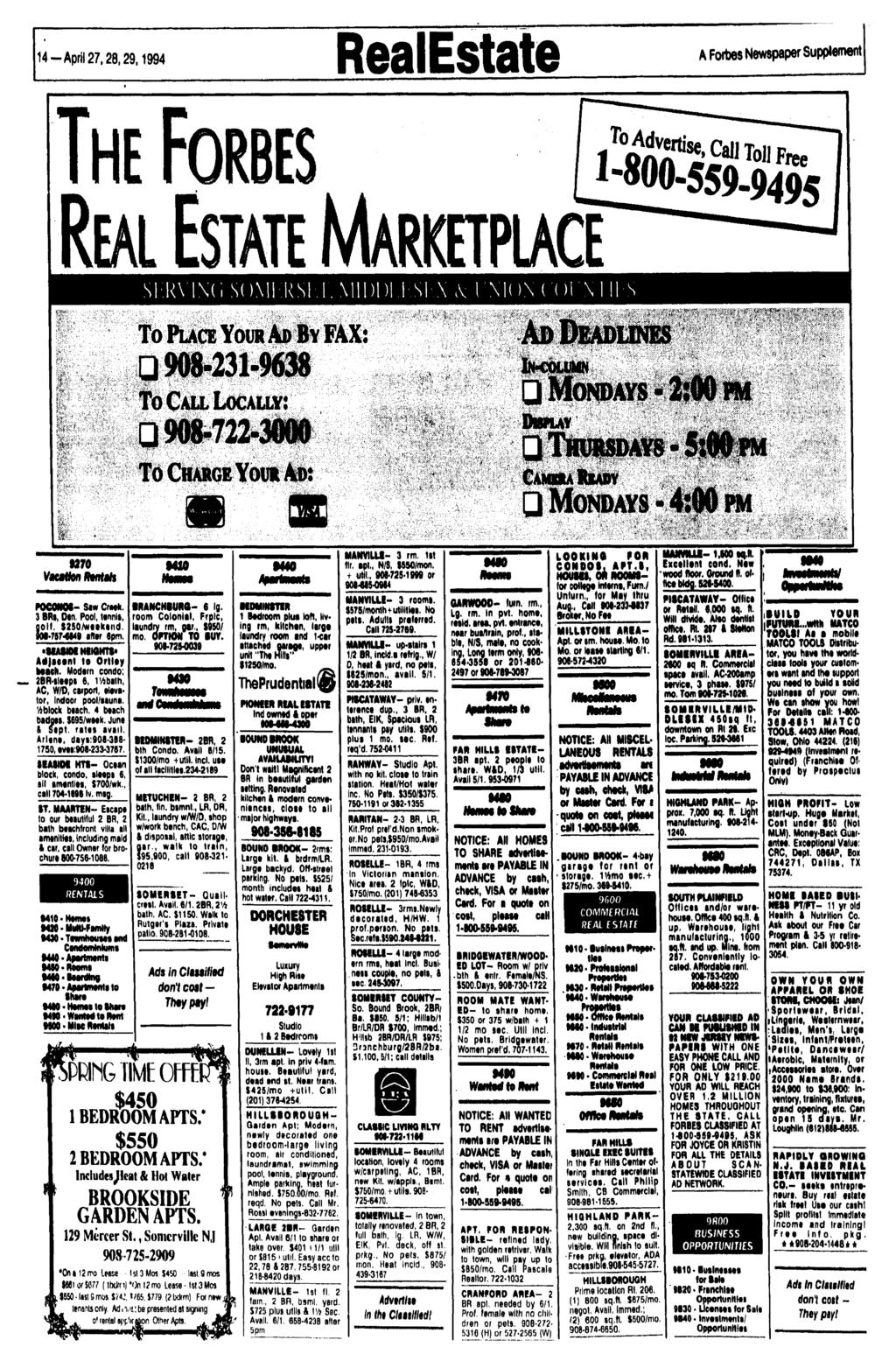 14-April 27,28,29,1994 RealEstate A Forbes Newspaper Supplement SOMI RSI I. MIDDLISI X,V IM()N( 270 VjKWOf? fftffws POCONQS- Siw Crotk. 3 BRi, Din Pool, ttnnli, gotl.