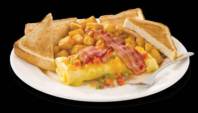 14 79 BACON DENVER OMELETTE Smoked country ham, grated cheddar cheese, tomato, onion and green pepper topped with two strips of crispy bacon.