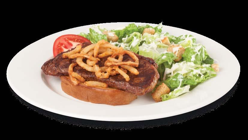 12 69 STEAK SANDWICH A seasoned 8 oz. AAA New York steak served on golden garlic toast and topped with onion tanglers.
