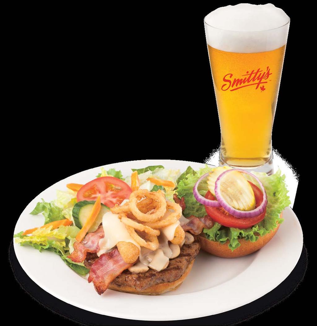GOURMET BURGERS HONEY BBQ BACON BURGER BACON CHEESE BURGER A juicy 6 oz. burger topped with melted cheddar cheese, two strips of crispy bacon, lettuce, tomato, red onion, pickle and dressing.