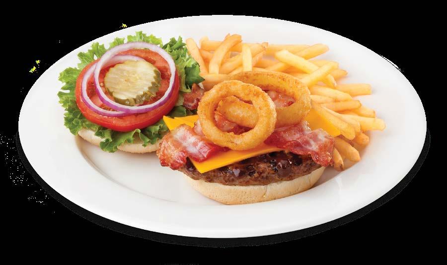 14 79 HONEY BBQ BACON BURGER Our Smitty s Classic burger brushed with honey BBQ sauce and topped with crispy bacon, cheddar cheese and two golden thick cut onion rings.