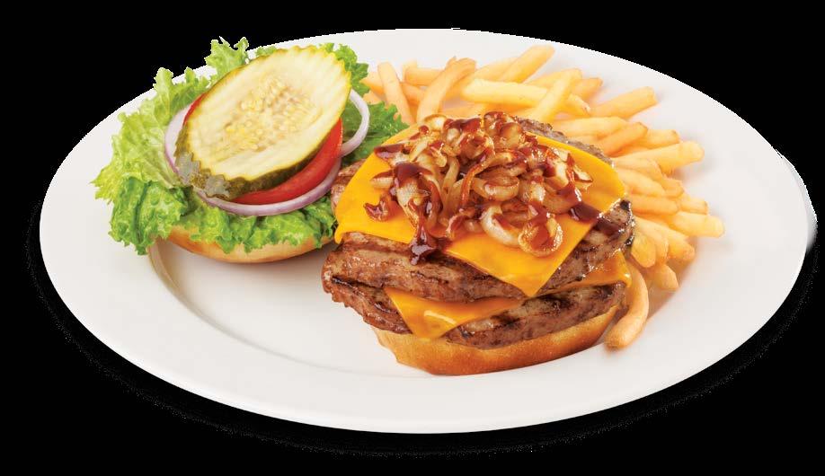 14 99 BBQ DOUBLE CHEESE BURGER Two juicy 6 oz. burgers and two slices of cheddar cheese, topped with onions sautéed with BBQ sauce, lettuce, tomato and pickle.