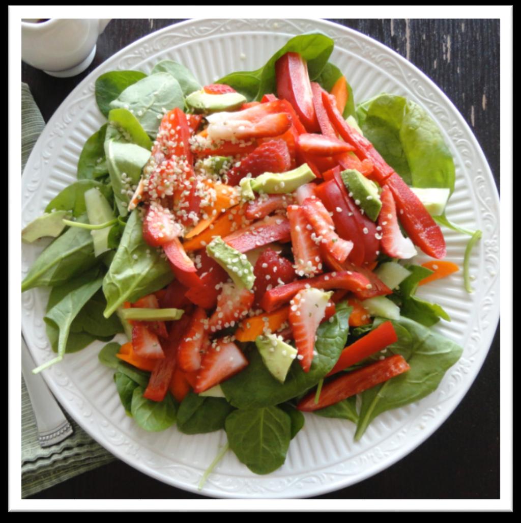 Summer Spinach Salad 1 Cup Raw Spinach 1/2 Avocado 1/2 Medium Raw Onion 1/2 Cup Sliced Carrot 1/2 Cup Strawberries 1/2 Cup Raspberries