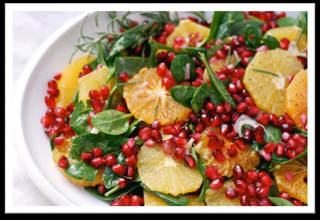 Orange Pomegranate Salad 2 Cups Romaine Lettuce 1 Orange 1/2 Cup Pomegranate Seeds 1 Tablespoon pecans, chopped Calories 188 Protein 4g Carbs 35g Total Fat 6g Tear romaine and place on