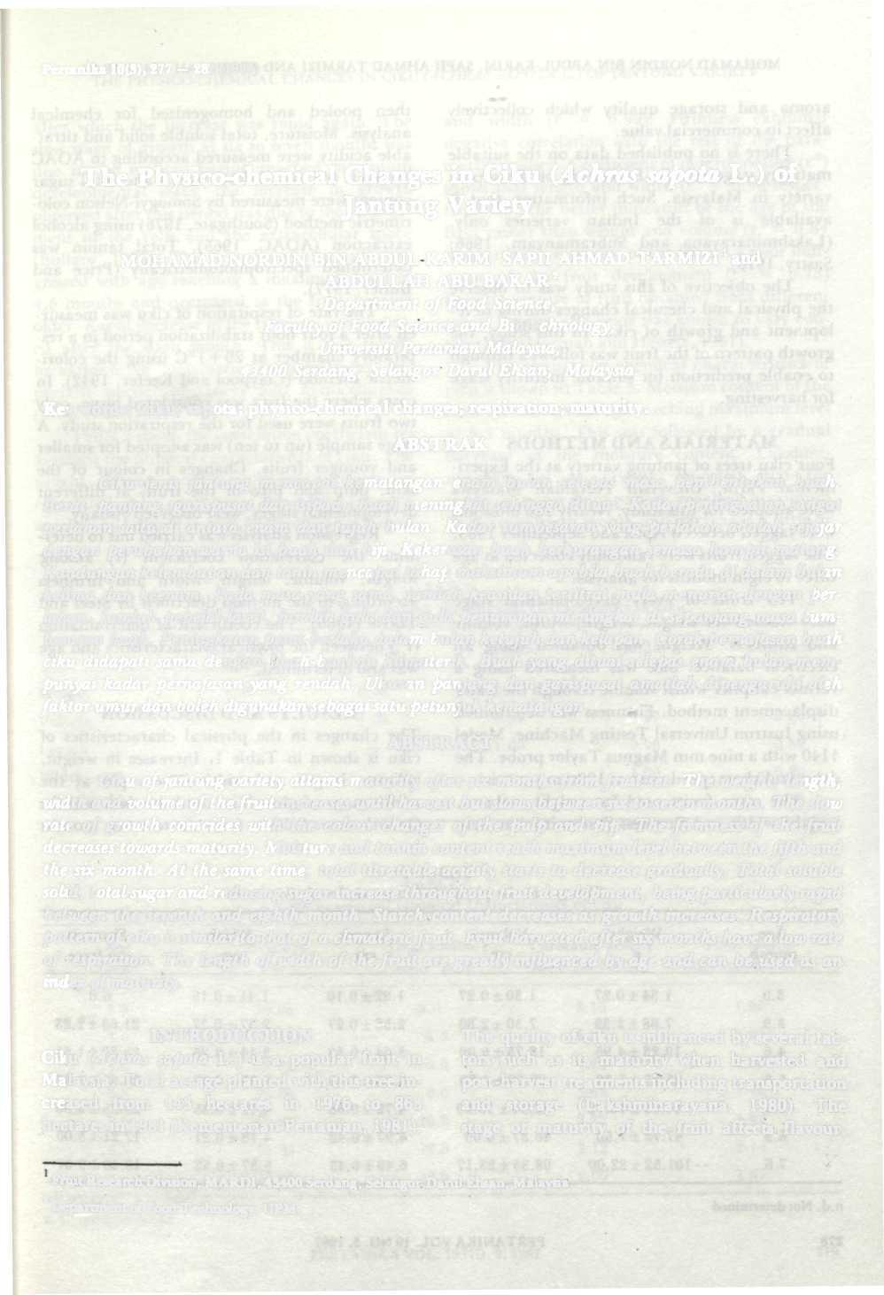 Pertanika 10(3), 277-282 (1987) The Physico-chemical Changes in Ciku (Achras sapota L.