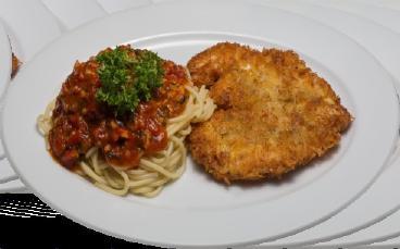 Chicken Breast in a Bread Crumb Batter teamed with Spaghetti