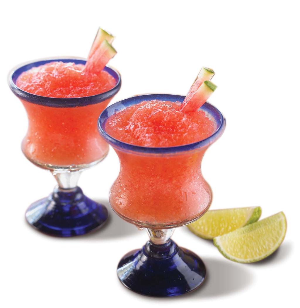 12 Watermelon Mango Margarita Bar&Beverage Ideas: 4 quarts roughly chopped, seedless watermelon 6 ripe mangos, peeled, pitted and roughly chopped Juice of 22 limes 1 cup sugar 1 cup Triple Sec 3 cups