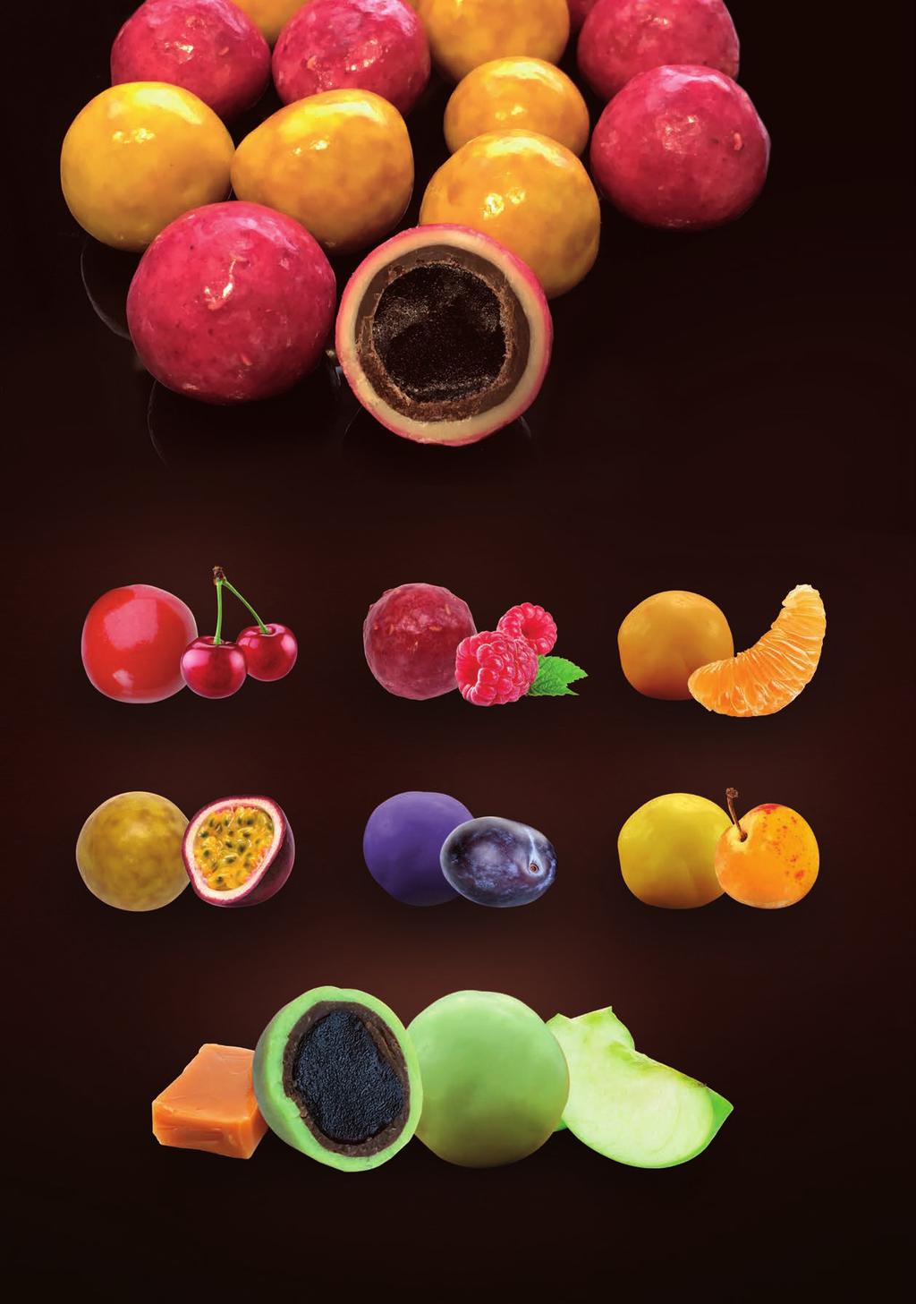 Coeur pâte de fruit enrobé de chocolat Jelly fruit center coated with chocolate Perle de Fruits Cerise - Cherry Framboise -