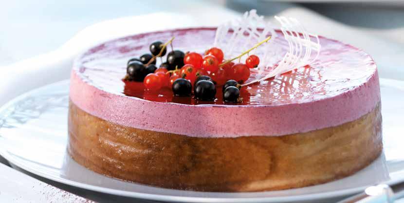 Black Currant Cake Yield: 2 cake rings, 18 cm Ø; total quantity: 16 pieces 0,160 kg 2 shortpastry bases, made with Mürbella, 2,5 mm thick, baked 0,040 kg Apricot jam 0,120 kg Swiss roll, made with