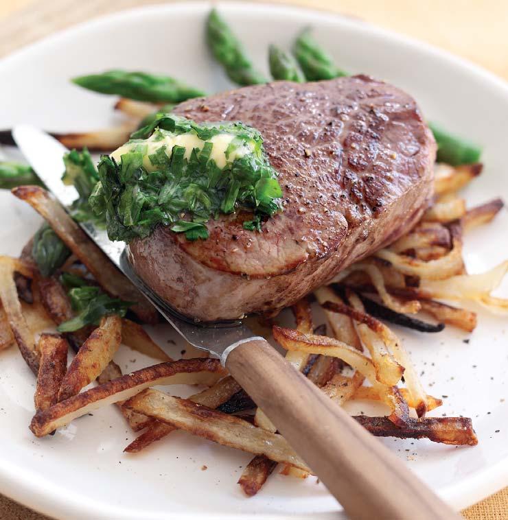 Bistro Style Welsh Fillet Steak griddled with Tarragon & Parsley Butter Cooking Time: Approx 10 minutes 4 lean thick Welsh fillet steaks 50g (2oz) butter 30ml (2tbsp) fresh tarragon, chopped 30ml