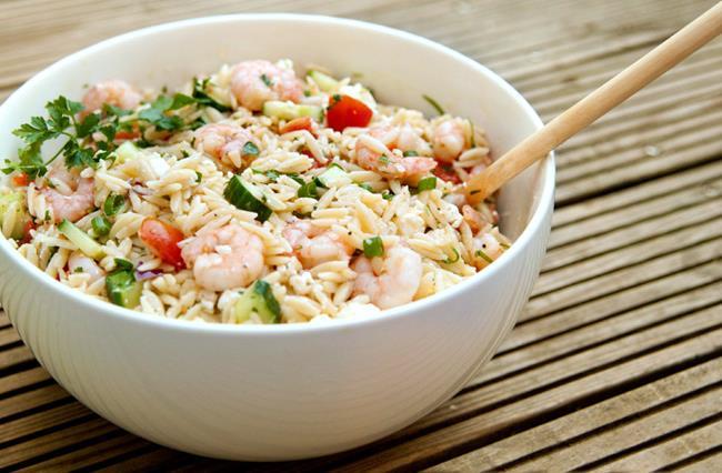 Shrimp and Orzo Pasta Salad ¾ lb orzo, cooked al dente 1 large cucumber, peeled and quartered lengthwise 3 green onions, thinly sliced ¼ cup chopped fresh dill ¼ cup white wine vinegar 3 tabs dijon