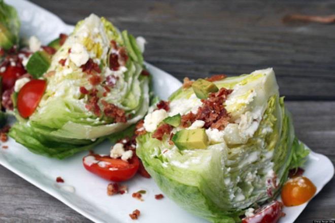 Wedge Salad 1 head iceburg lettuce Crumbled blue cheese Crumbled bacon Blue cheese dressing: 3 tablespoons sour cream