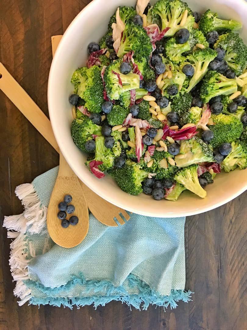 Blueberry Broccoli Salad 10 mins Serves 10-12 1 pound fresh broccoli (chop if pieces are too large) 1 package fresh Wish Farms blueberries (washed) garlic, salt, pepper (to taste) 1 lemon 3