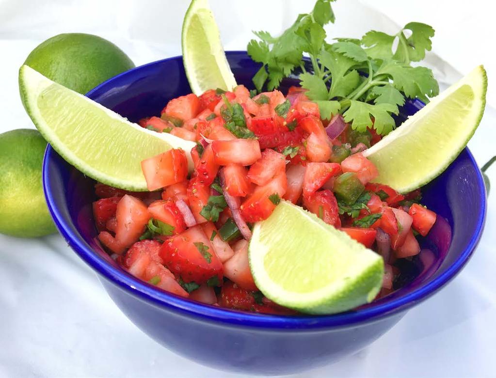 Fun in the Sun Strawberry Salsa 10 mins Serves 4 1 lb fresh Wish Farms strawberries, diced ¼ cup red onion, finely diced 1 jalapeno, finely diced 1 lime, juice and zest 2 tbsp cilantro, chopped Salt