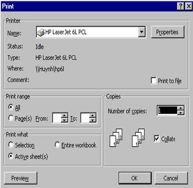 Sau cùng Click Ok để hoàn tất định dạng trang in hoặc có thể click Print để thực hiện in. 2.9 In bảng tính 2.9.1 Thực hiện in ấn Chọn File\ Print Trong hộp thoại Print, chọn loại máy in trong khung name.