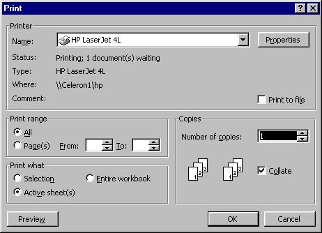 5. In Công việc in trong EXCEL được thực hiện bằng lệnh File/Print. Hộp hội thoại Print xuất hiện. Printer: tên của máy in, kiểu máy in,.