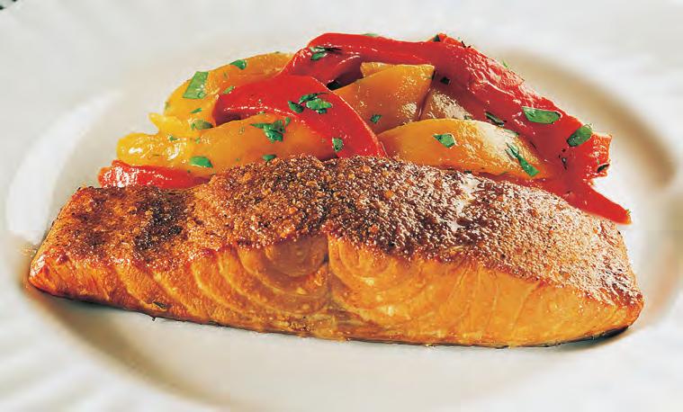476 CHAPTER 5 COOKING FISH AND SHELLFISH Pan-Smoked Salmon Fillet with Pepper Salad PORTIONS: 2 PORTION SIZE: 4 OZ (25 G) FISH, 4 OZ (25 G) GARNISH 3 lb.5 kg Salmon fillets.