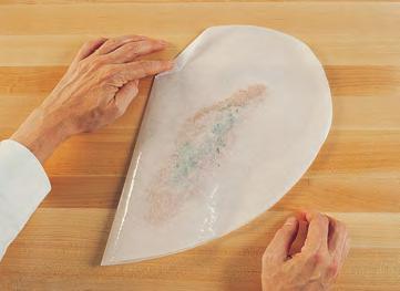 (Foil may be used instead of parchment.) The piece must be big enough to hold the fish and still have room for crimping the edges. Oil the parchment and place on the workbench oiled side down.