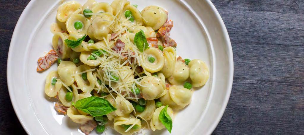 MAKE FRESH DINNERS - VEGETARIAN ORECCHIETTE WITH PEAS & SUN DRIED TOMATOES Calories 470; Fat 11g; Saturated Fat 5g; Carbohydrates 76g; Fiber 6g; Protein 19g; Cholesterol 20mg; Sodium 260mg *Parmesan