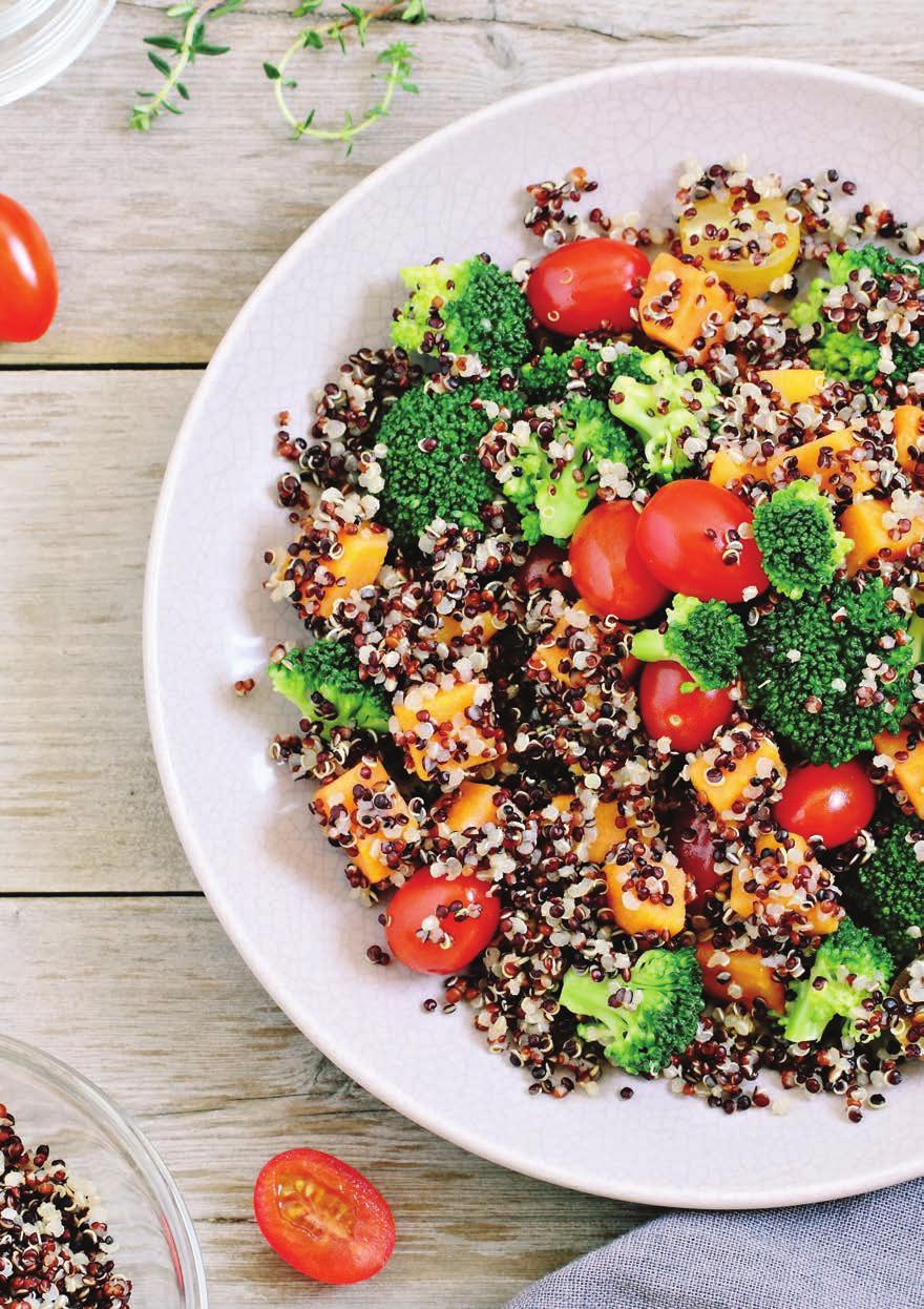 QUINOA & SWEET POTATO SALAD (2 or 4 as side dish) n 120g mixed white, red & black quinoa seeds n 150ml water n 200g peeled & cubed sweet potato n ½ tsp cumin seeds n 70g small broccoli florets n 10