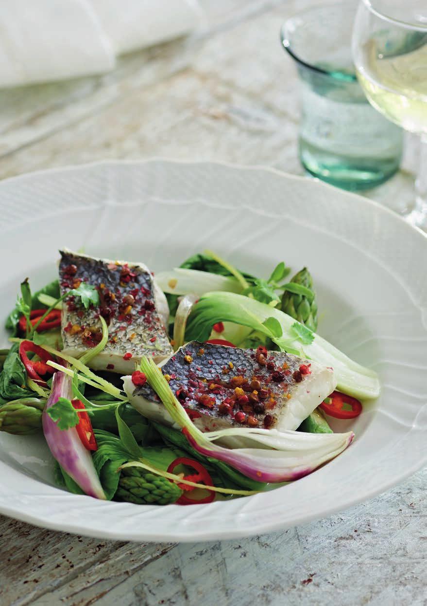 SPICE RUBBED SEA BASS WITH FRESH GREEN VEGETABLES & COCONUT EMULSION (Serves 2) n 2 Sea Bass fillets n 1 stick lemon grass, cut into 3 pieces and crushed SPICED RUB n 2 tsp pink peppercorns, ground n