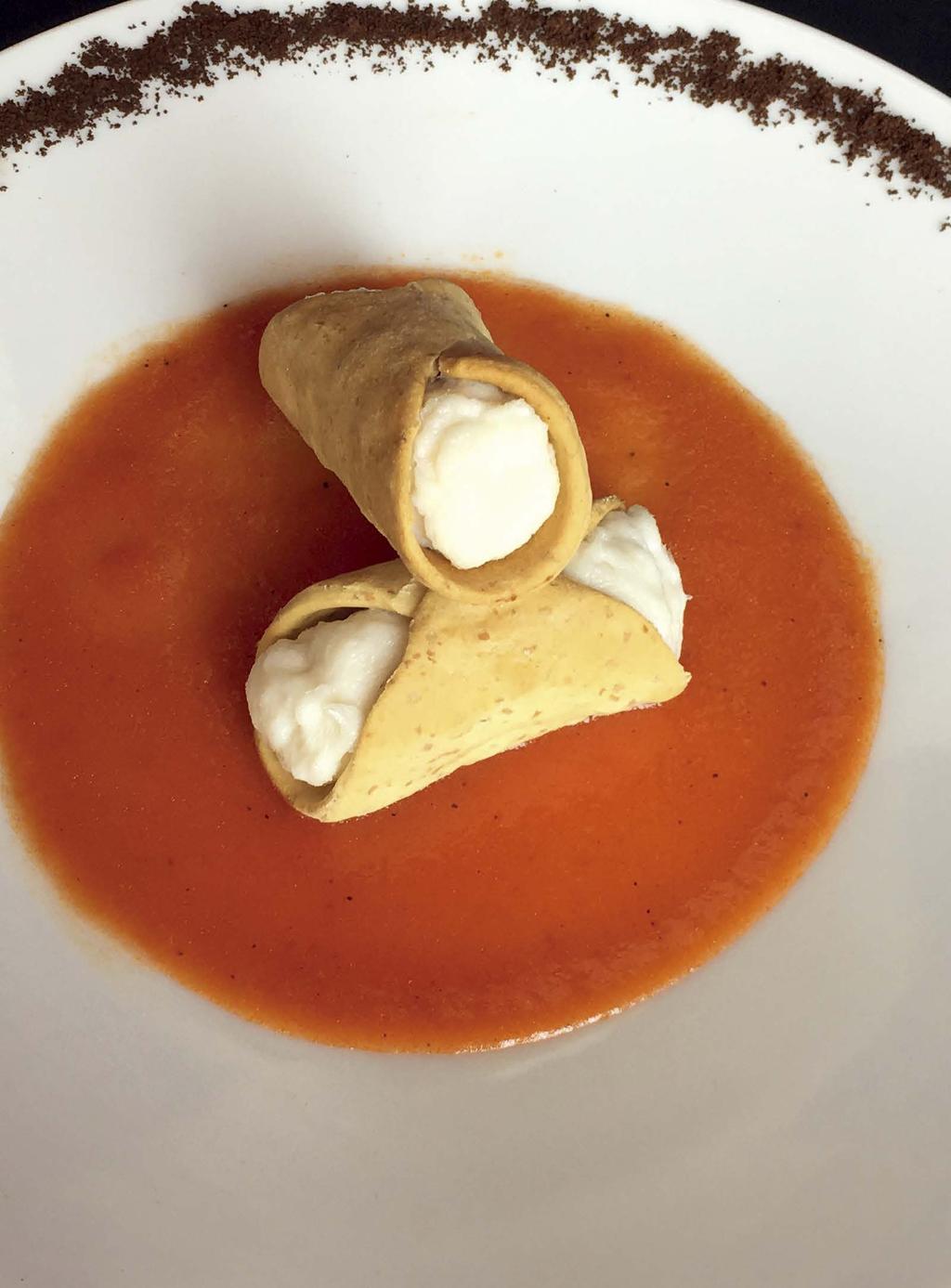 Savoury cannoli stuffed with creamed salt cod on a bed of tomato coulis and olive powder For the cannoli 300 grams of plain flour; 100 ml of cold water; 5 tablespoons extra virgin olive oil; 1 egg;