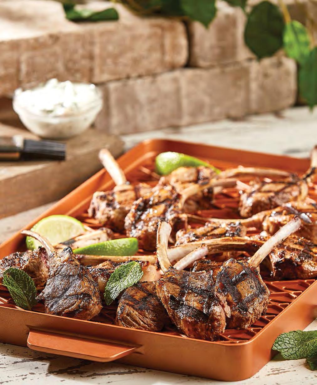 Lamb Chops with Yogurt-Mint Chutney ¼ cup lime juice zest of 1 lime 1 tbsp. olive oil 2 large cloves garlic, sliced thinly ¼ cup mint, chopped 1 tsp. salt ½ tsp.
