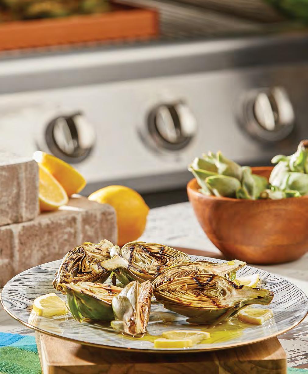 Grilled Baby Artichokes 6 baby artichokes, cut in half 3 cloves garlic, sliced thinly zest & juice of 2 lemons ¾ cup extra virgin olive oil 1 tsp. sea salt ½ tsp.