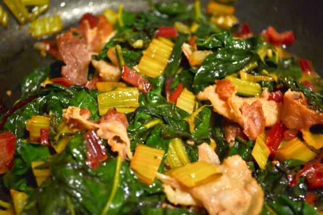 Swiss Chard Pan Fried 4 slices bacon, chopped 2 tbs butter 3 tbs fresh lemon juice 1/2 tsp garlic paste 1 bunch Swiss chard, stems removed, leaves cut into 1-inch
