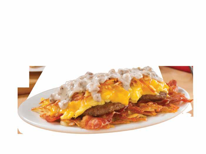 meats, scrambled eggs* and American cheese stuffed between layers of our crispy hashbrowns. Served with buttery toast or biscuit. Bacon, Sausage and Sausage Gravy* (Cal 1270-1330) 7.