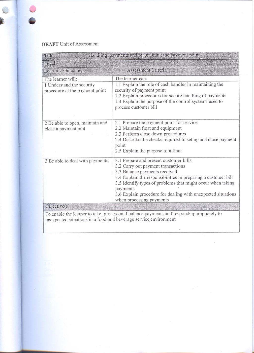 DRAFT Unit of Assessment The learner will: 1 Understand the security procedure at the payment point The learner can: ].