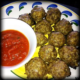 Meatballs Servings: 5 Proteins: 4 / Fats: 1 / Carbs: 0 1 lb Grass Fed Beef 4 oz Sprouted Whole Grain Breadcrumbs 4 Large Eggs 4 oz Almond Milk 6 oz Grated Parmesan 2 Tbsp Minced Onion 2 Tbsp Minced