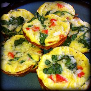 Mini Crust-less Quiches Servings: 3 Proteins: 2 / Fats: 1 / Carbs: 1 6 Eggs 1 cup Mozzarella 1/2 cup Red Pepper, diced 1/2 cup Onions, diced
