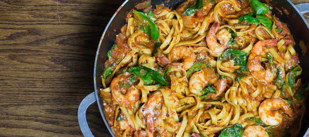 MAKE FRESH DINNERS - DECEMBER 2016 ONE-POT SHRIMP & SPINACH FETTUCCINE Calories 390; Fat 7g; Saturated Fat 1g; Carbohydrates 52g; Fiber 4g; Protein 31g; Cholesterol 140mg; Sodium 690mg Grocery List