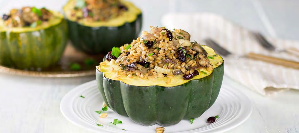 MAKE FRESH DINNERS - DECEMBER 2016 FARRO & SAUSAGE STUFFED ACORN SQUASH Calories 430; Fat 15g; Saturated Fat 2g; Carbohydrates 66g; Fiber 8g; Protein 16g; Cholesterol 45mg; Sodium 440mg Grocery List